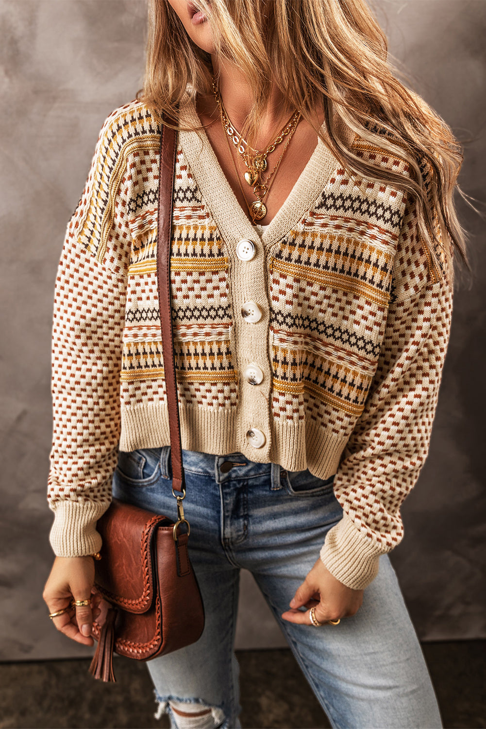 Cardigan court kaki boutonné à col en V-A WOMAN WE LOVE