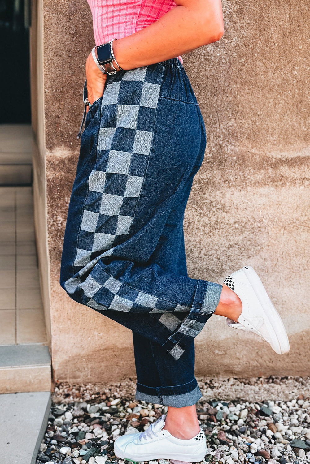 Pantalon en denim ample à carreaux bleu voile avec panneau latéral et cordon de serrage