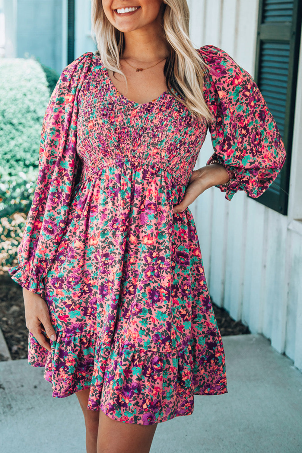 Purple Floral Smocked V-Neck Puff Sleeve Dress