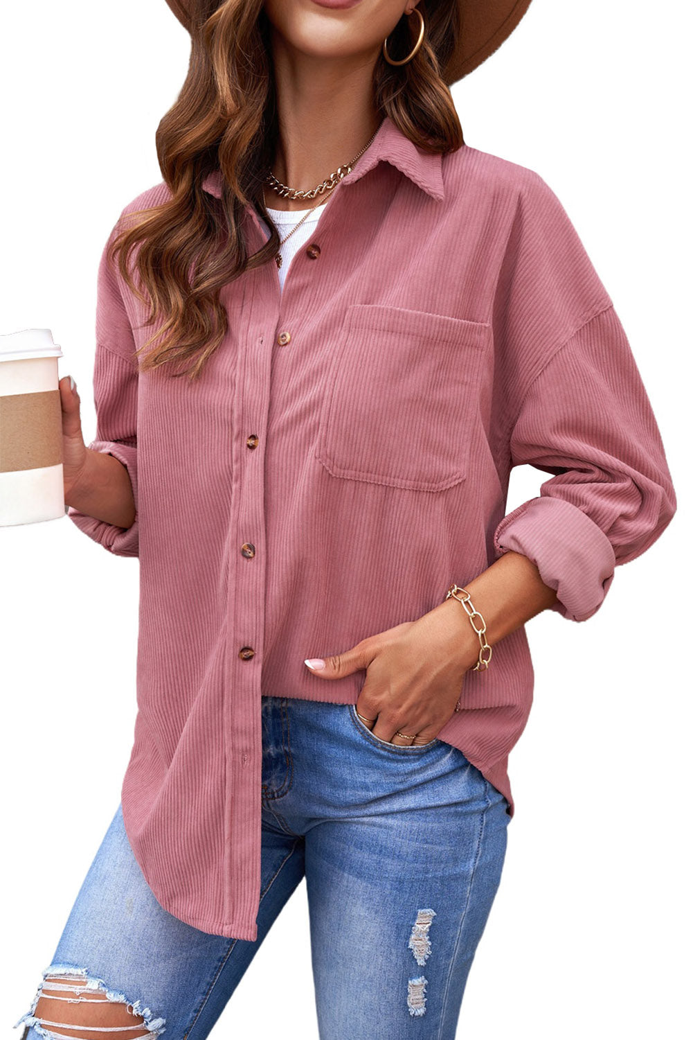 Pink Cord Button Pocket Shirt