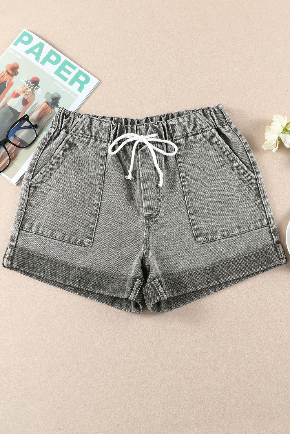 Gray Pocketed Drawstring High Waist Denim Shorts