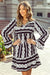 Black Boho Geometric Print Long Sleeve Flare Mini Dress