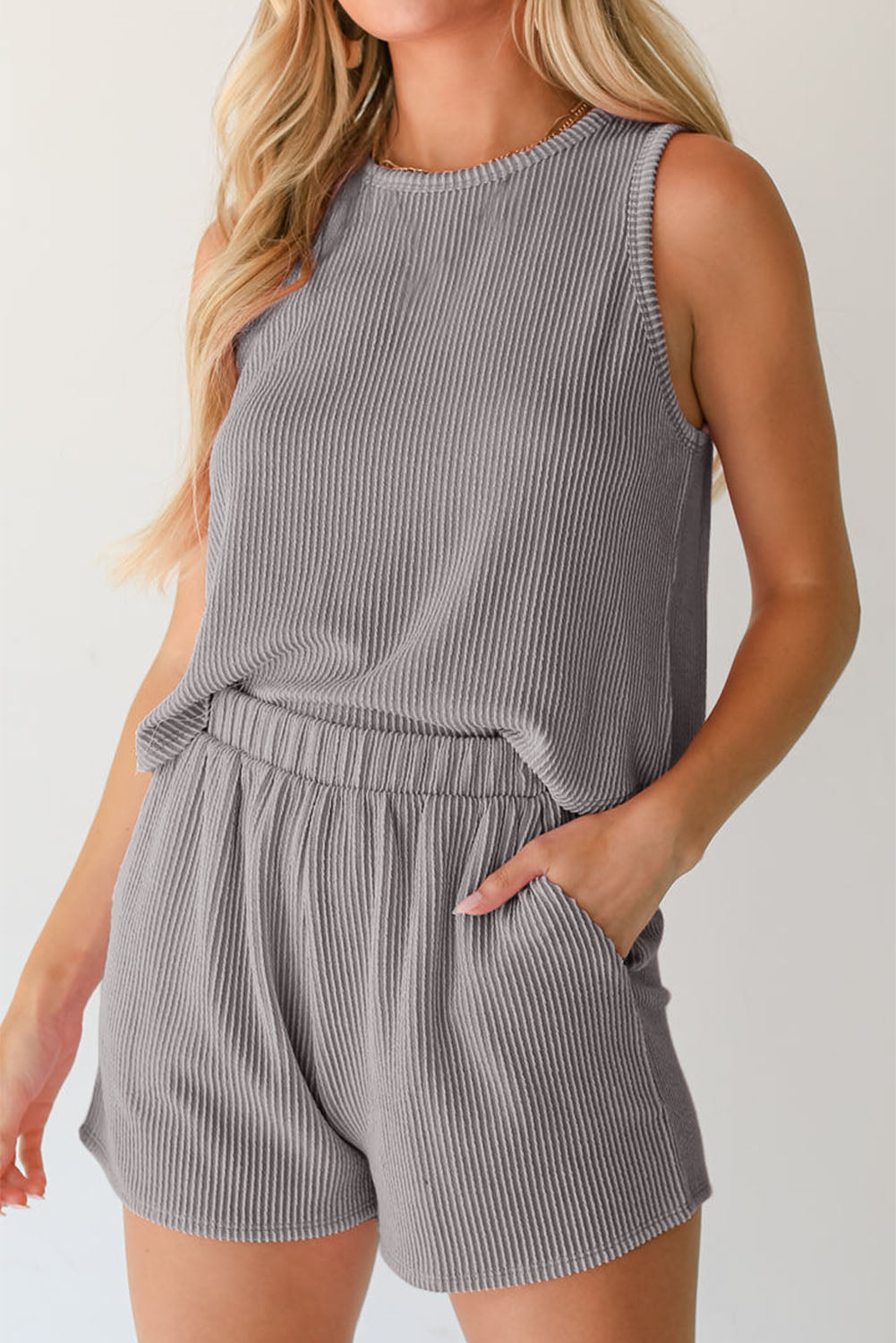 Mid Grey Corduroy Sleeveless Top and Pocket Shorts Set