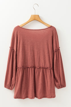 Puffy sleeve blouse and V -collar with tuffled ruffled in a solid mineral red colored