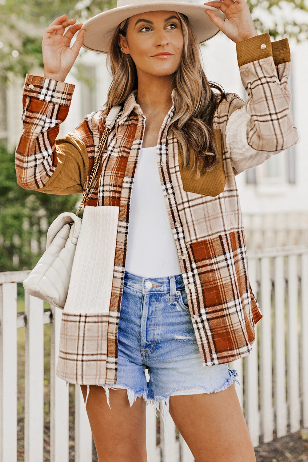 Orange plaid patchwork shirt jacket with pocket