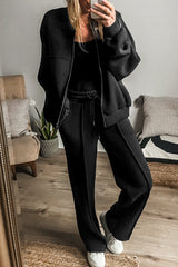 Ensemble veste zippée noire à coutures unies et pantalon à taille avec cordon de serrage-A WOMAN WE LOVE