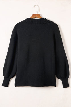 Black Ribbed Knit Curved Lapel Neck Sweater