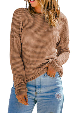 Khaki long sleeve drop shoulder waffle knit top