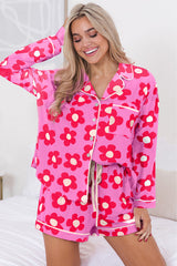 Ensemble pyjama chemise et short à manches longues et imprimé fleurs roses-A WOMAN WE LOVE