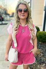 Ensemble court patchwork 2 tons à texture côtelée en spirale 3D rose rouge