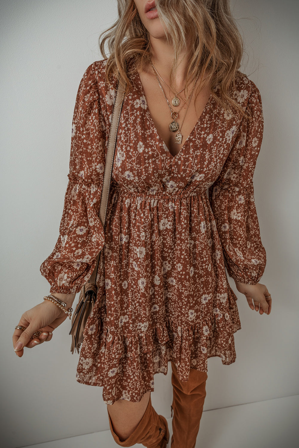 Brown V-Neck Ruffle Puff Sleeve Floral Boho Mini Dress