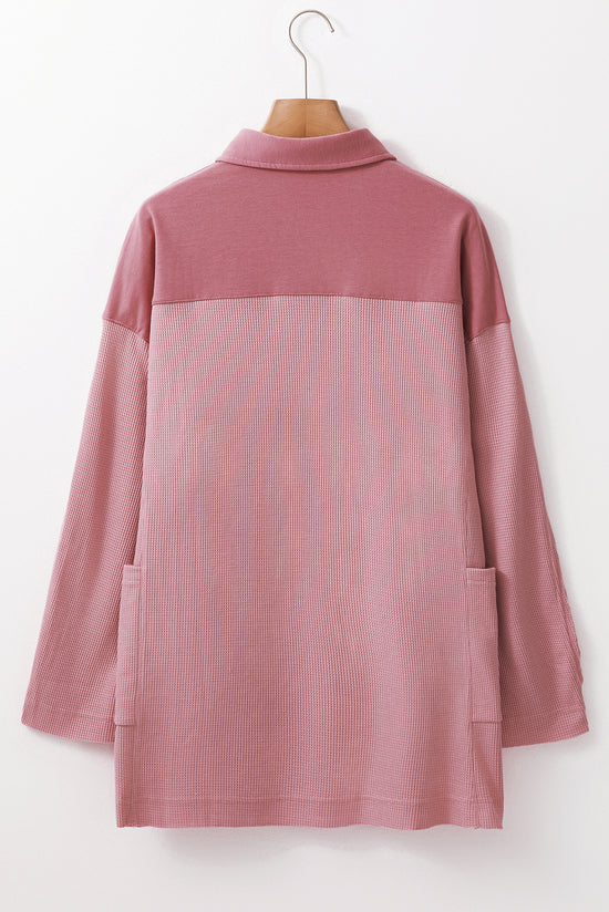 Pink waffle long sleeve half button loose top