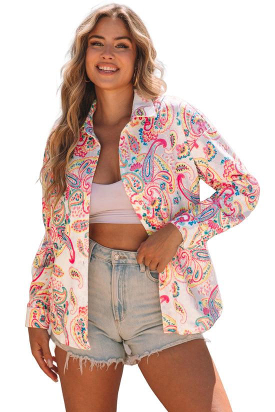 White Paisley Print Button-Up Corduroy Jacket