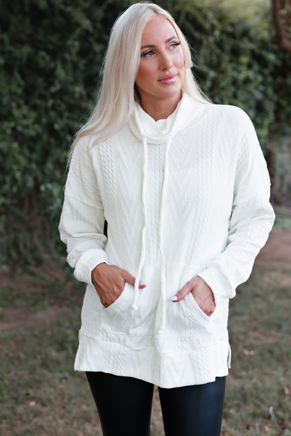 White textured sweatshirt at housing collar
