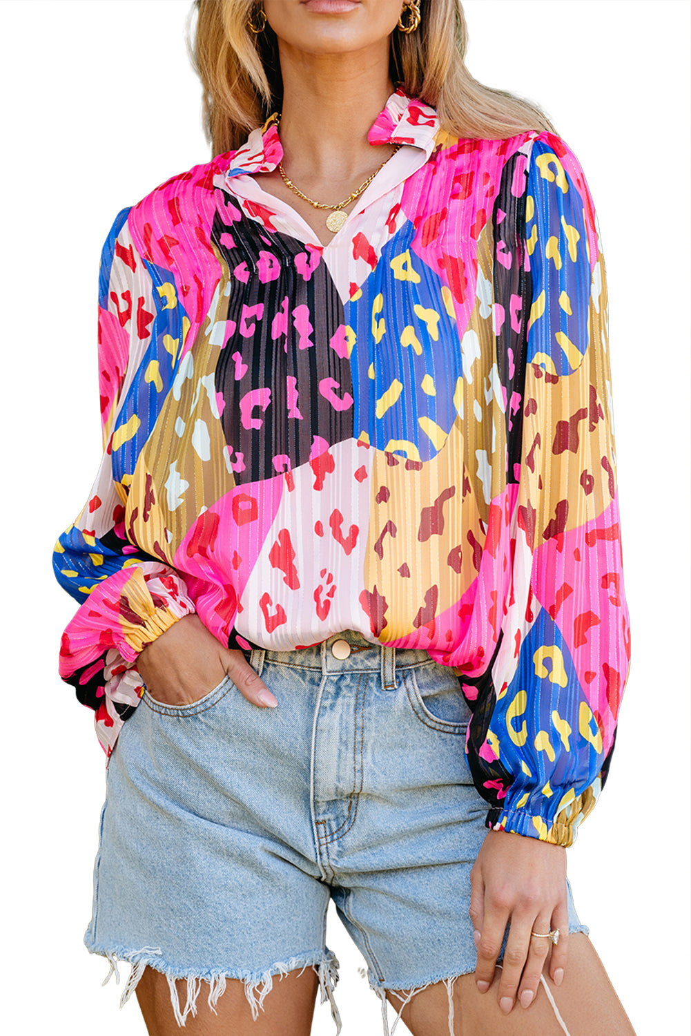 Blouse plissée à imprimé patchwork Rose Leopard