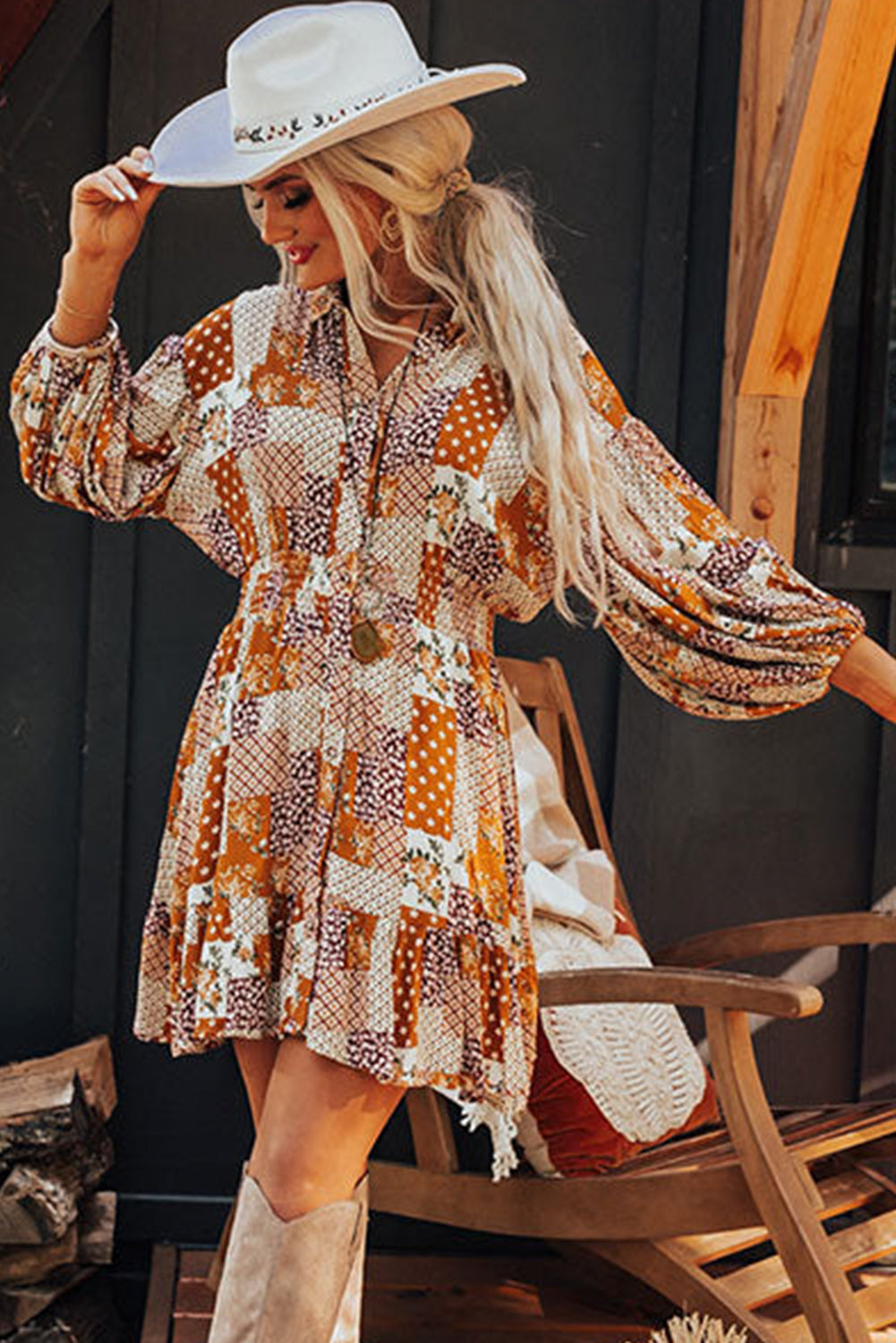 Arance Boho Floral Sulla Sleeve Smocked Wat Abito da camicia