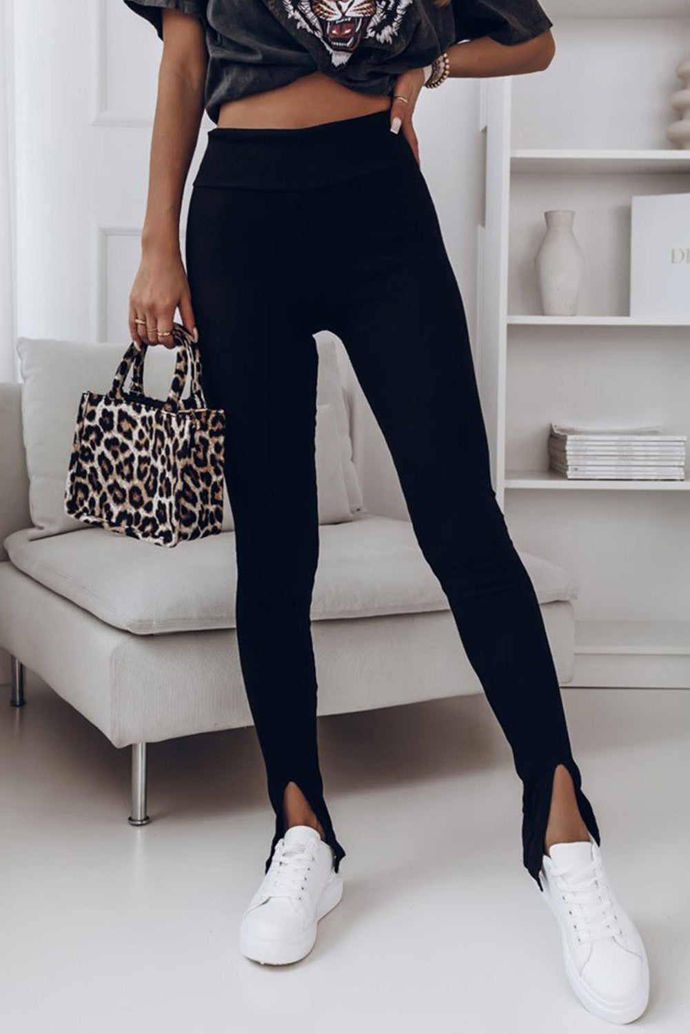 Black Ribbed Knit High Waisted Slit Leggings