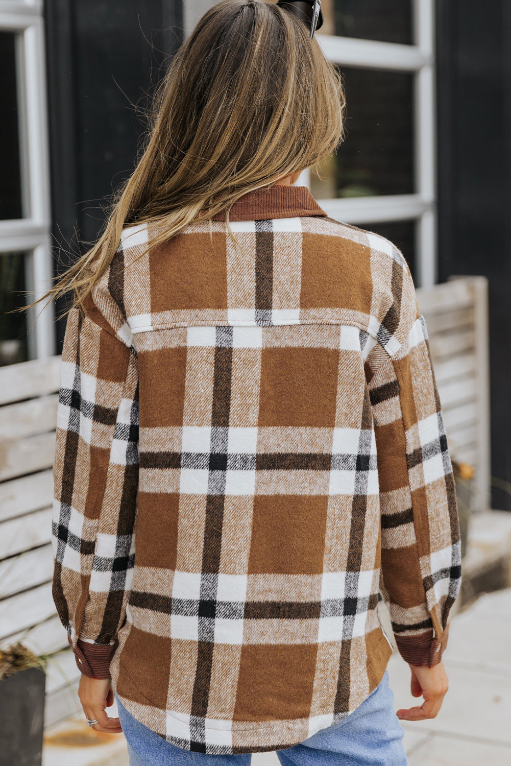 Veste-chemise à carreaux boutonnée et avec poches marron