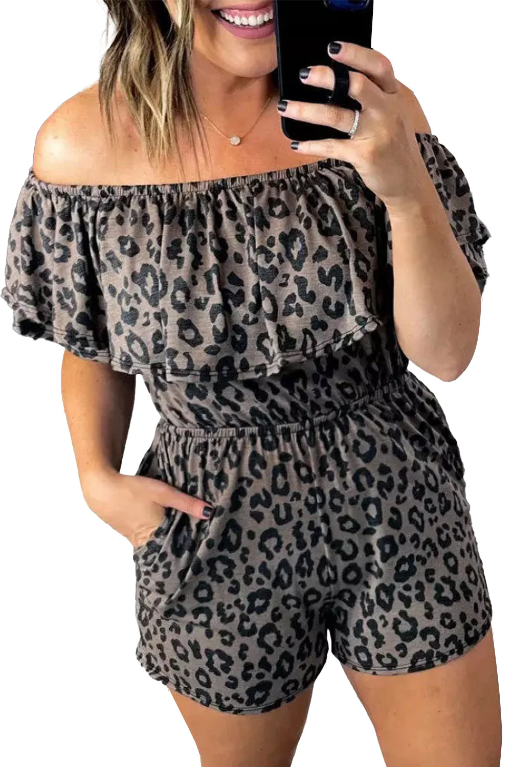 Leopard Off-Shoulder Strampler mit Taschen