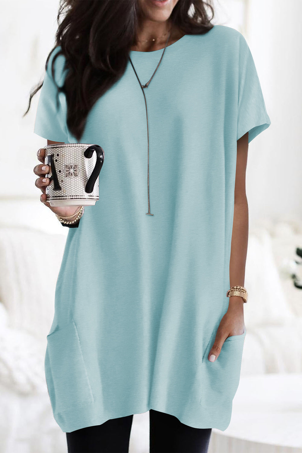 Light Blue Side Pockets Short Sleeve Tunic Top