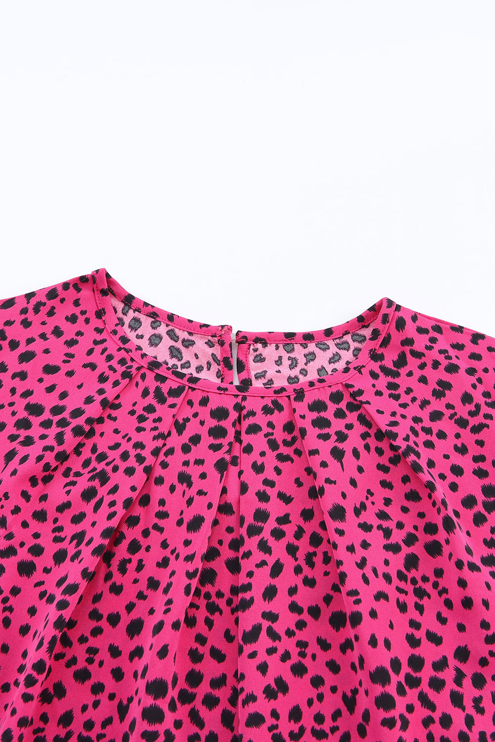 Rose Leopard Print Pleated Blouse with Keyhole