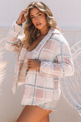 Sherpa jacket with turndown collar and multi-colored plaid print