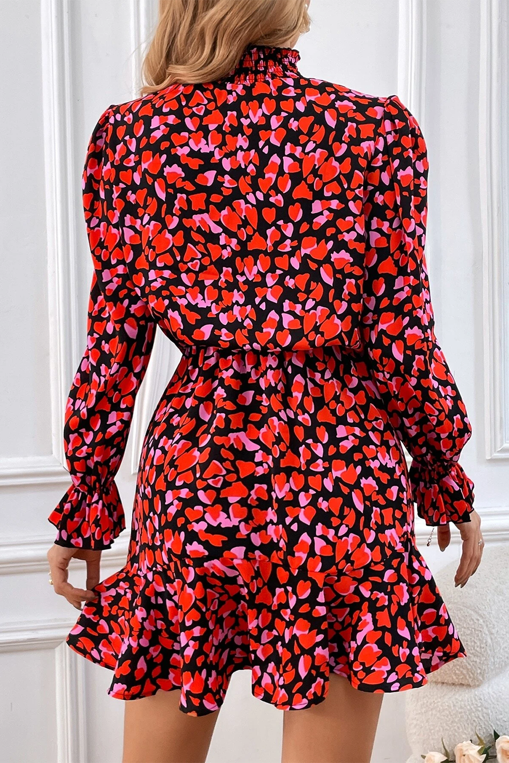 Red Valentines Day Heart Form Print Langarm Mini Kleid