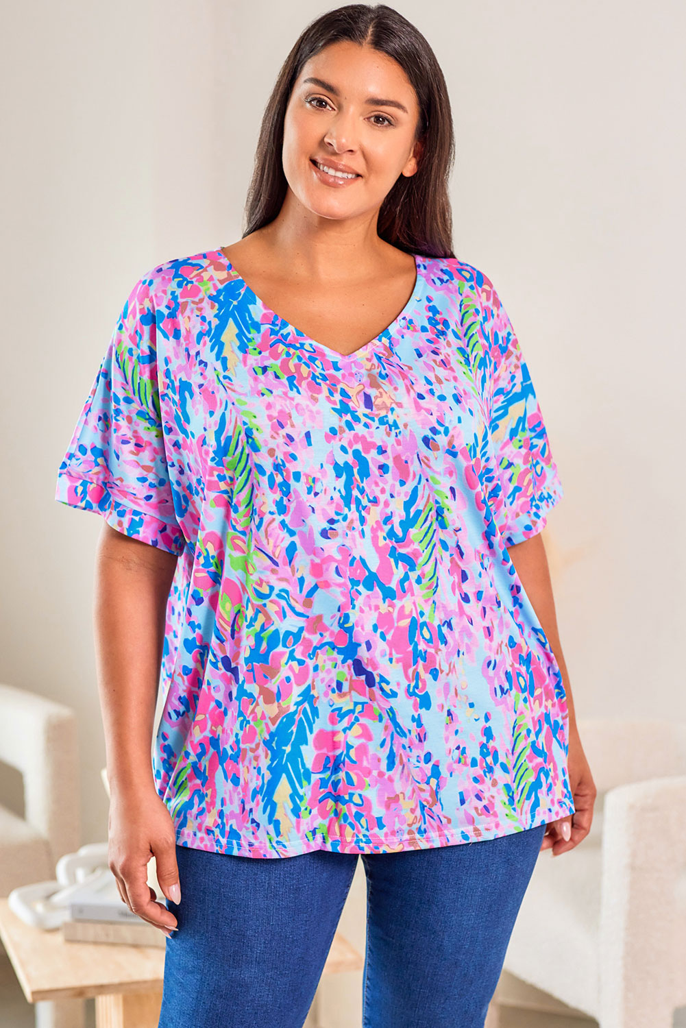 Sky Blue Plus Size Plant Stampa a v-shirt