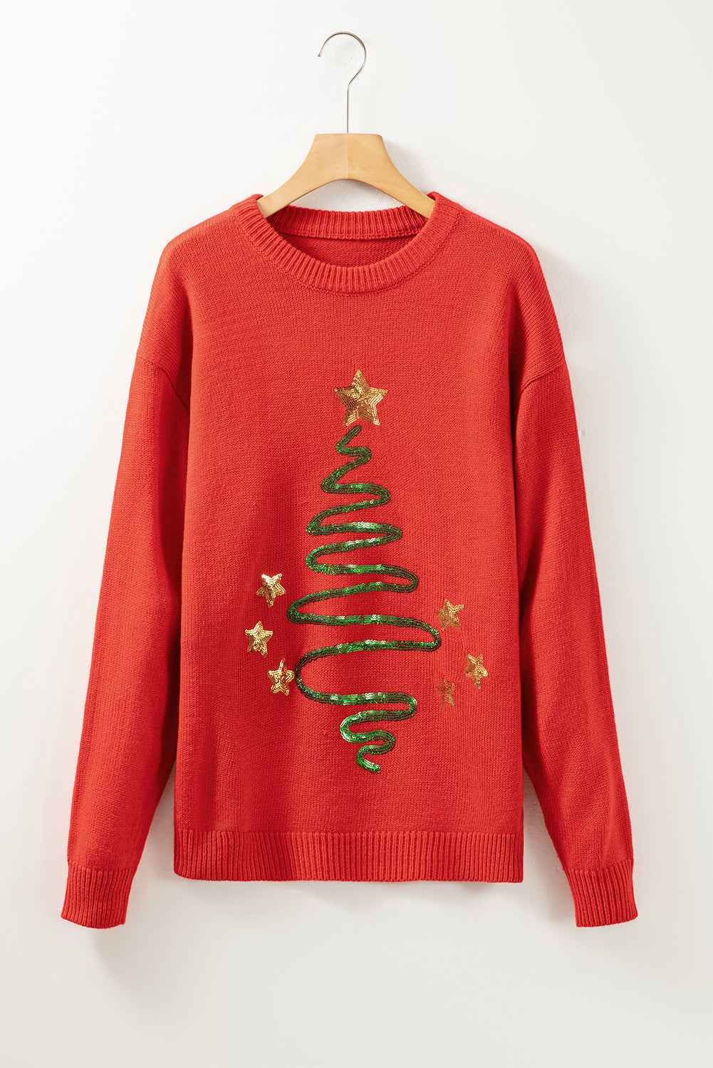 Pull à épaules tombantes avec croquis d'arbre de Noël à paillettes rouge vif