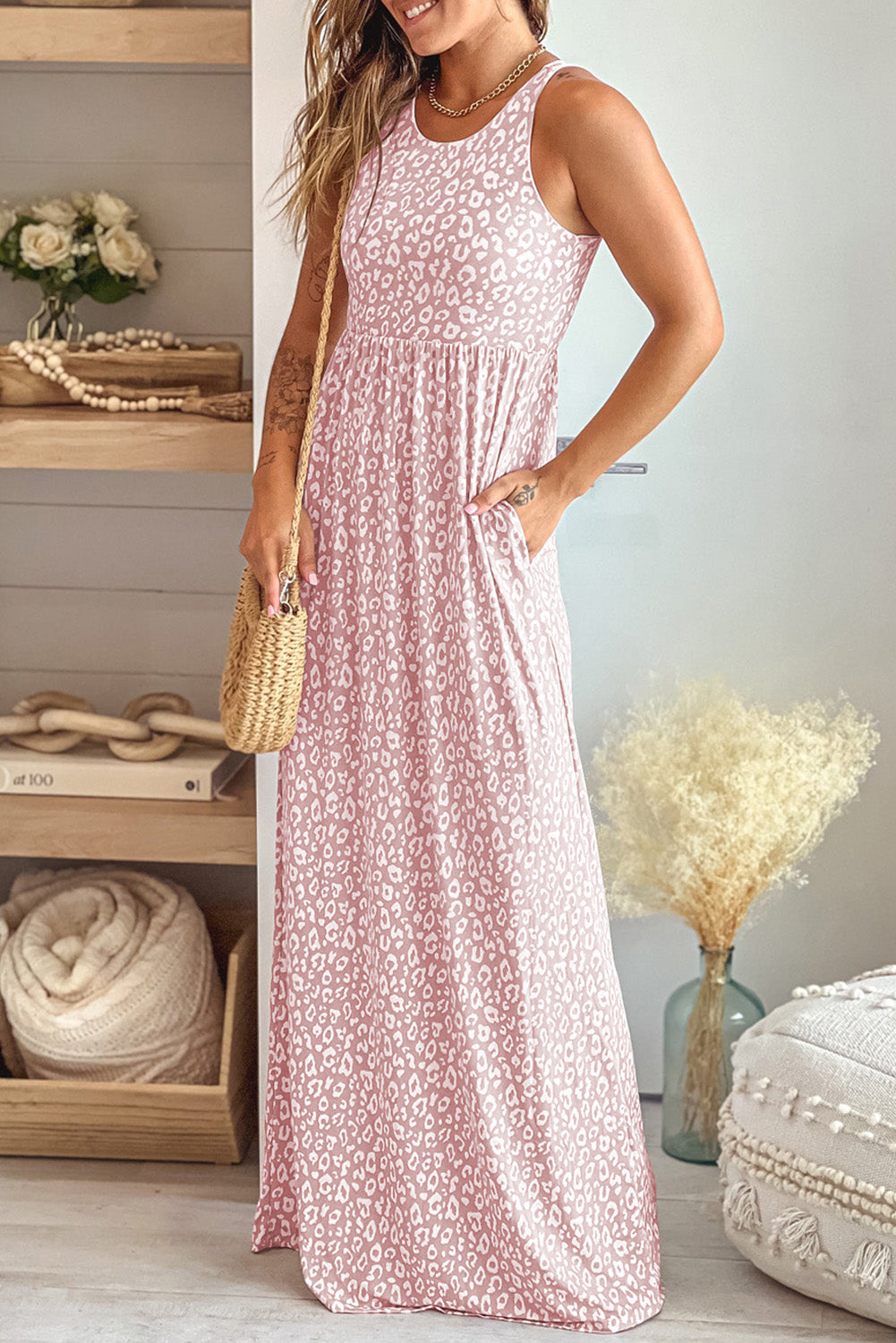 Vestido maxi sin mangas con estampado de leopardo rosa