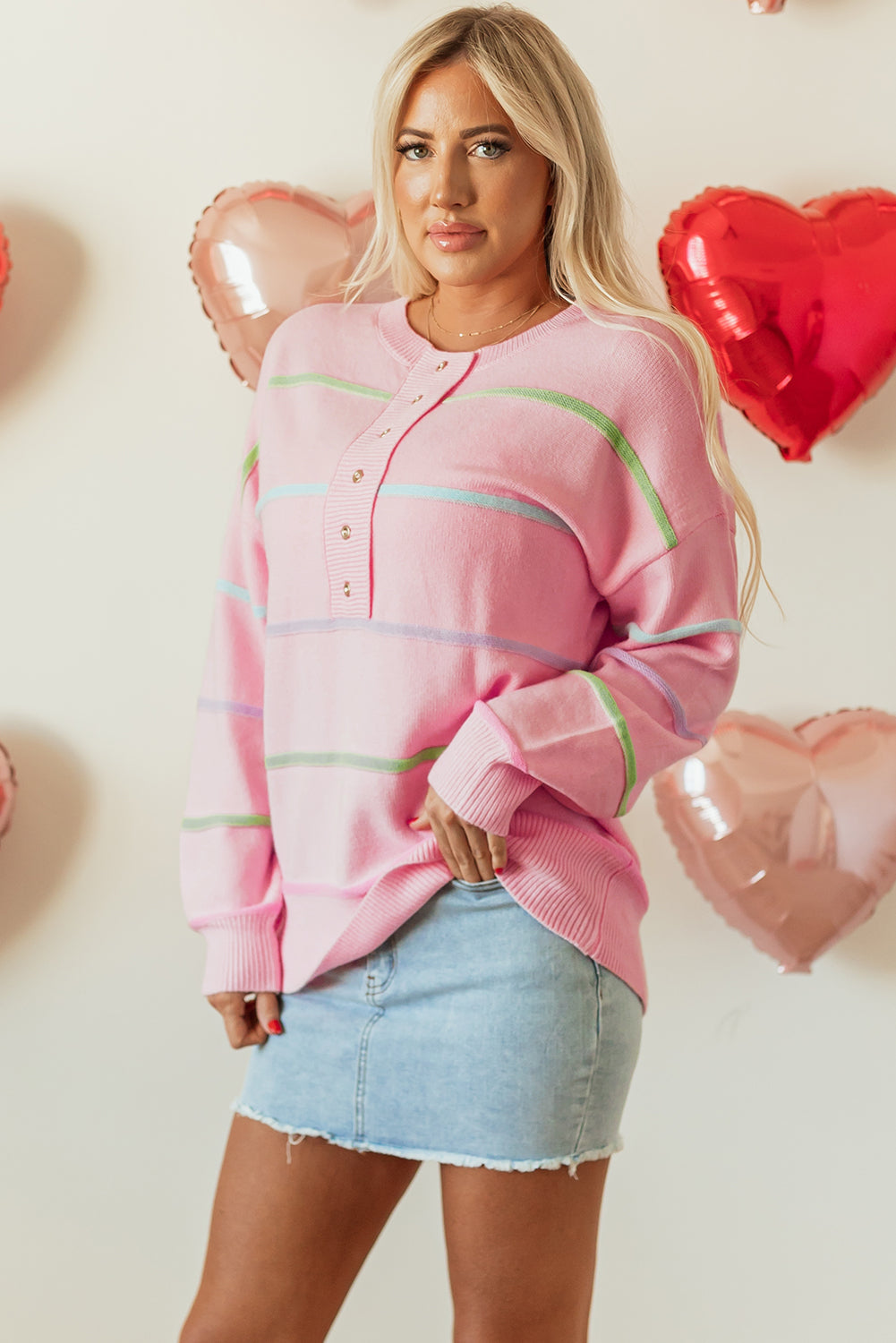 Pink Rainbow Striped Drop Shoulder Baggy Henley Sweater