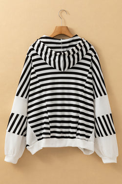 Black and White Oversized Striped Henley Button-Down Dolman Sleeve Hoodie Top