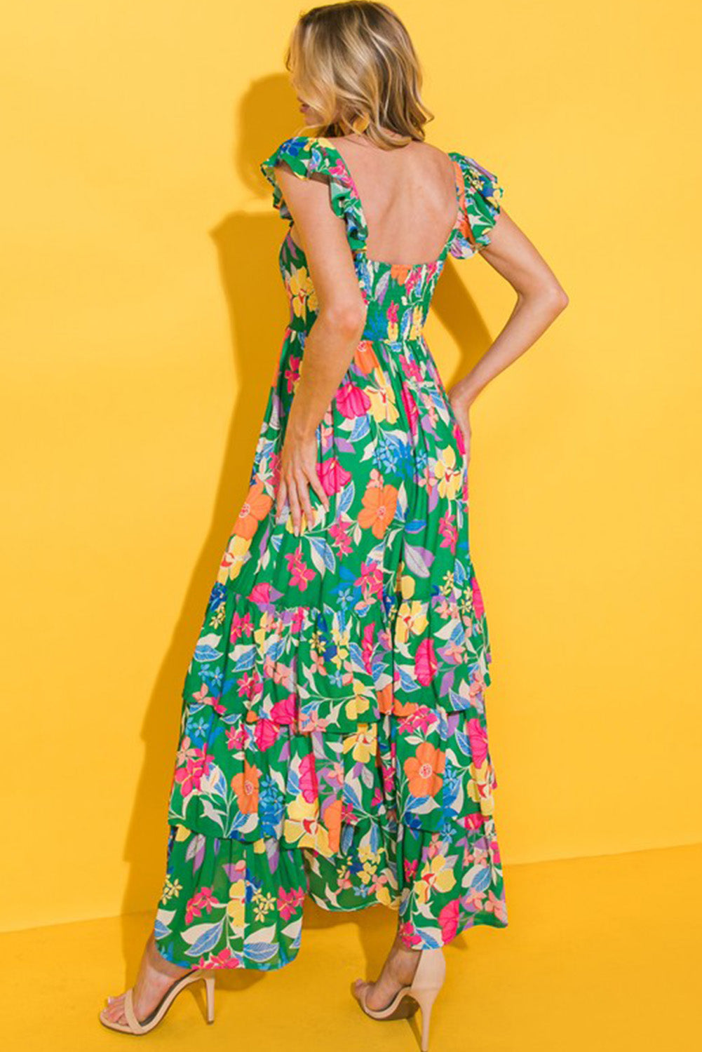 Robe longue à volants et à volants sans manches à imprimé floral vert