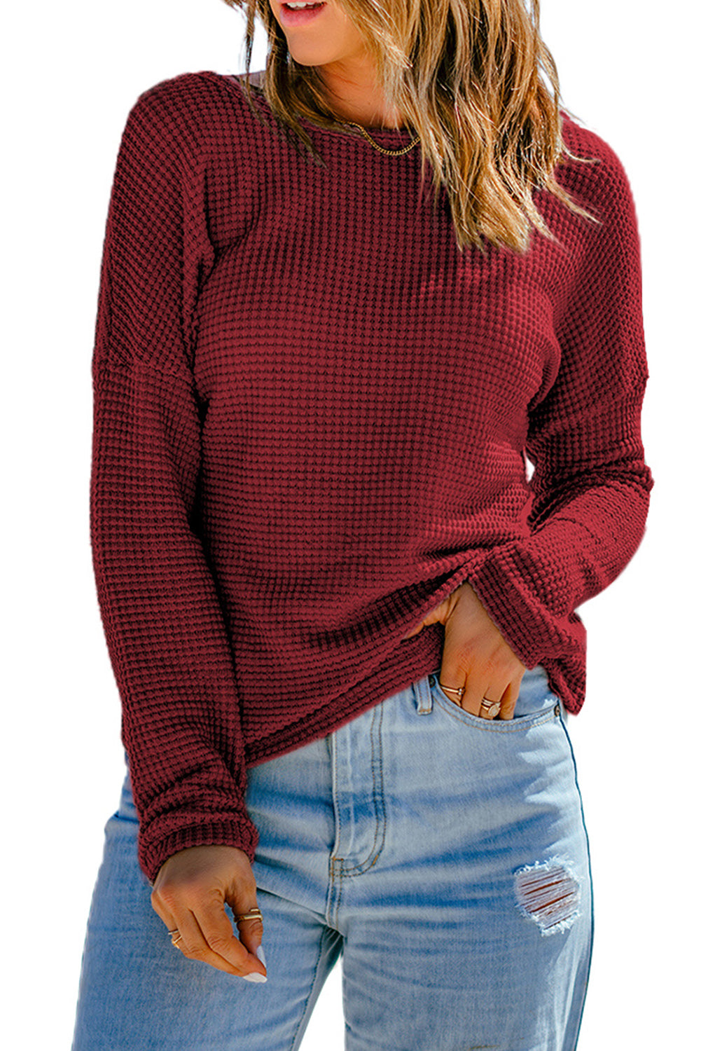 Fiery Red Waffle Knit Drop Show Sleeve Long Top