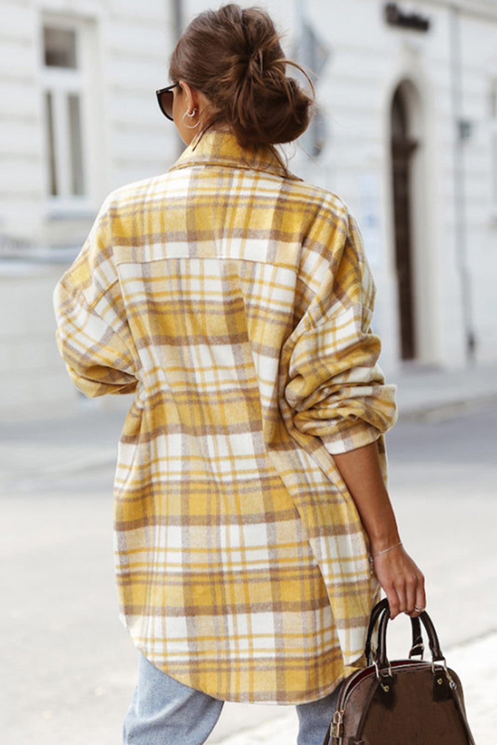 Veste jaune à manches longues avec poche à rabat et carreaux