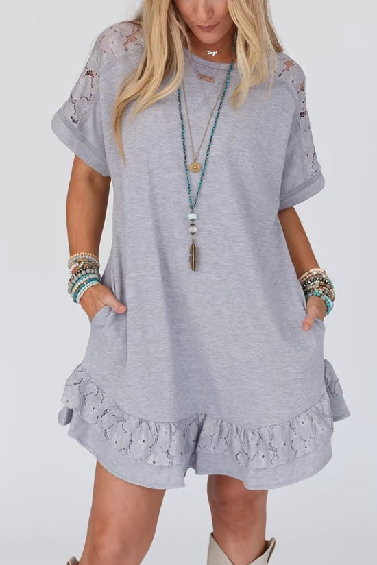 Light Grey Floral Lace Patchwork Ruffle T-Shirt Dress