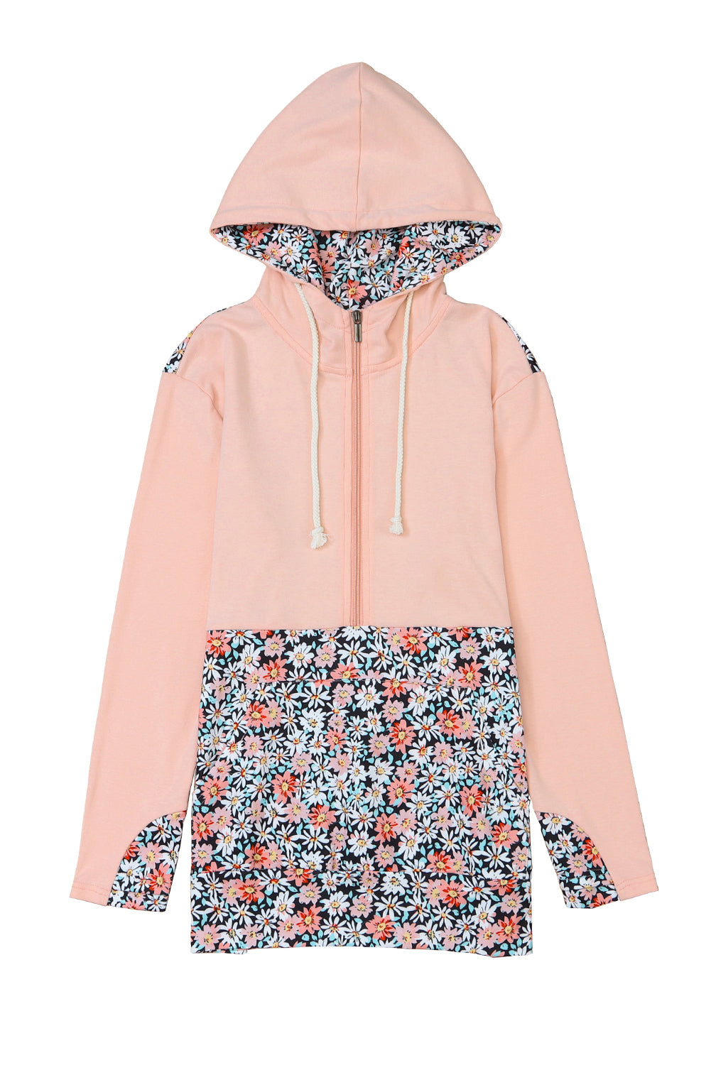 Pink Floral Patch Half Zip Kangaroo Pocket Hoodie