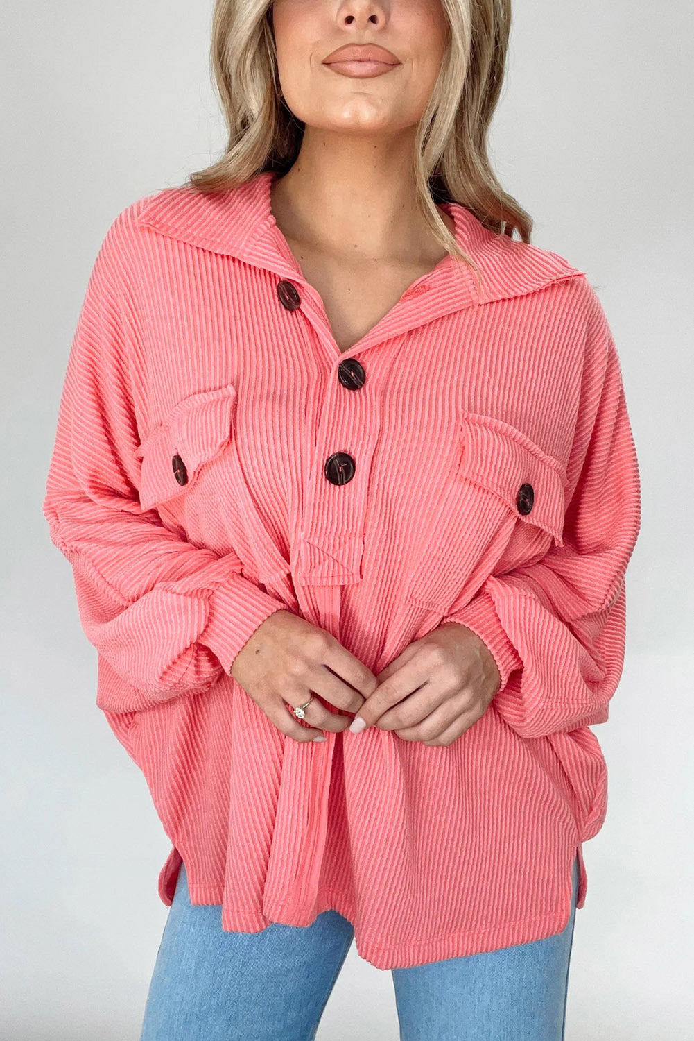 Pink Henley Top with Flap Pocket and Drawstring