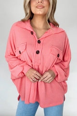 Pink Henley Top with Flap Pocket and Drawstring