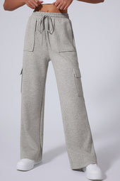 Pantalon d'entraînement à jambes larges et multi-poches à lacets taille haute gris clair