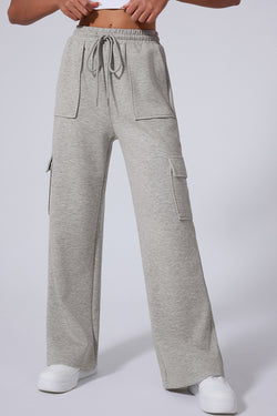 Pantalon d'entraînement à jambes larges et multi-poches à lacets taille haute gris clair