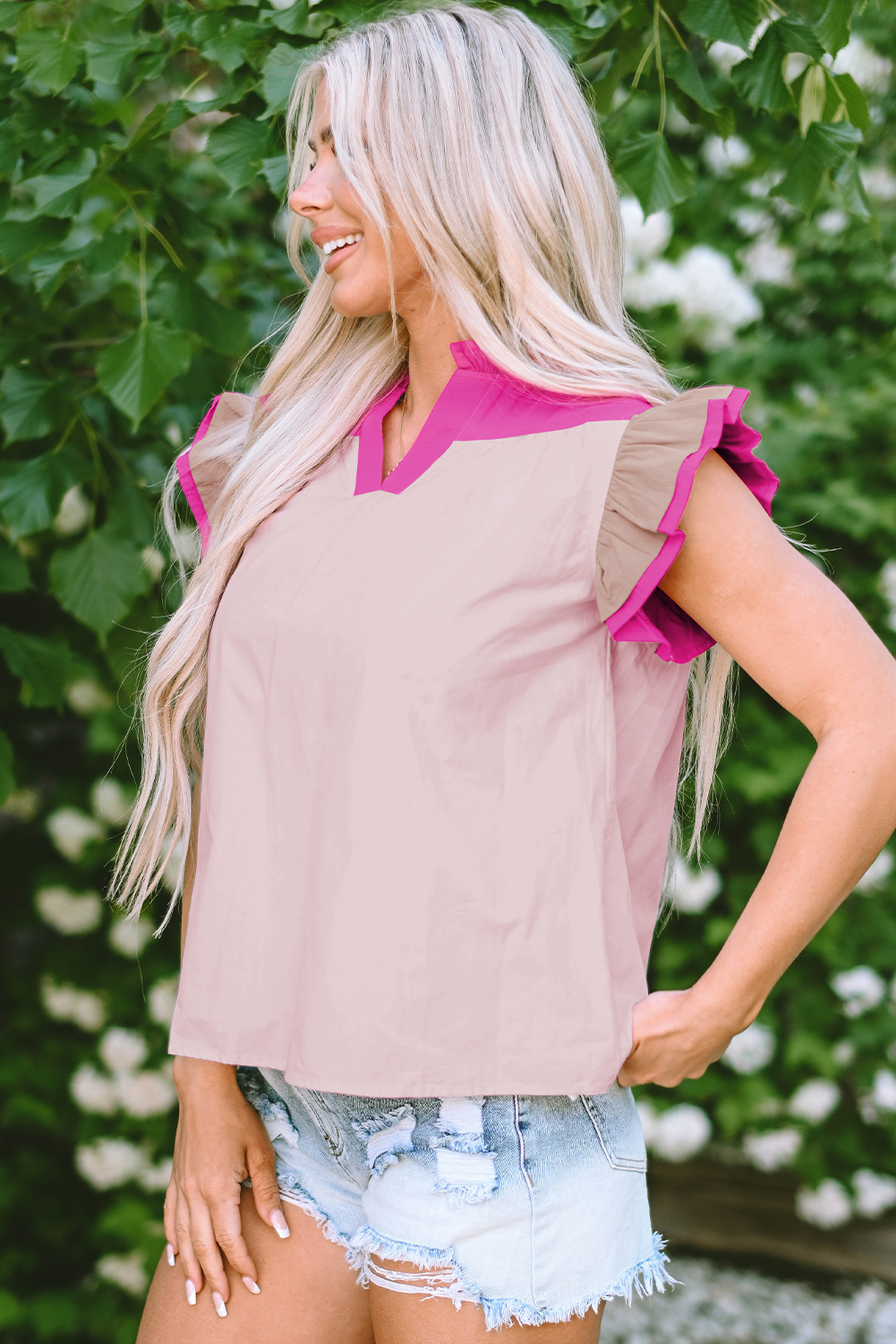 Blusa per collo a v manica a manica arruffato rosa