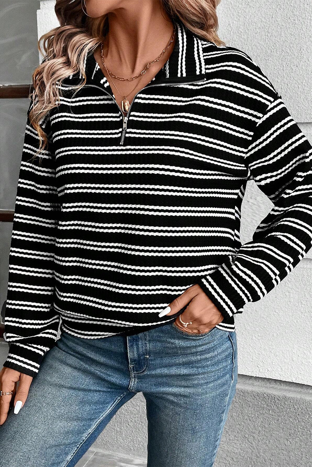 Black Striped Textured Zip Neck Long Sleeve Top