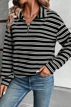 Black Striped Textured Zip Neck Long Sleeve Top