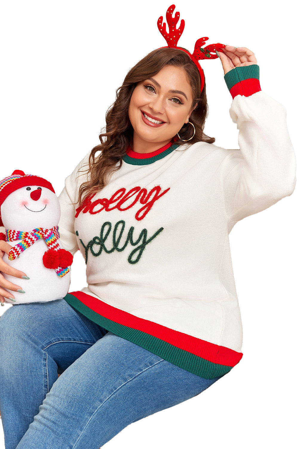 Tinsel Holly Jolly White Color Block Drop Shoulder Sweater Plus Size