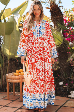 Orange Long Sleeve Boho Geometric Print Maxi Dress