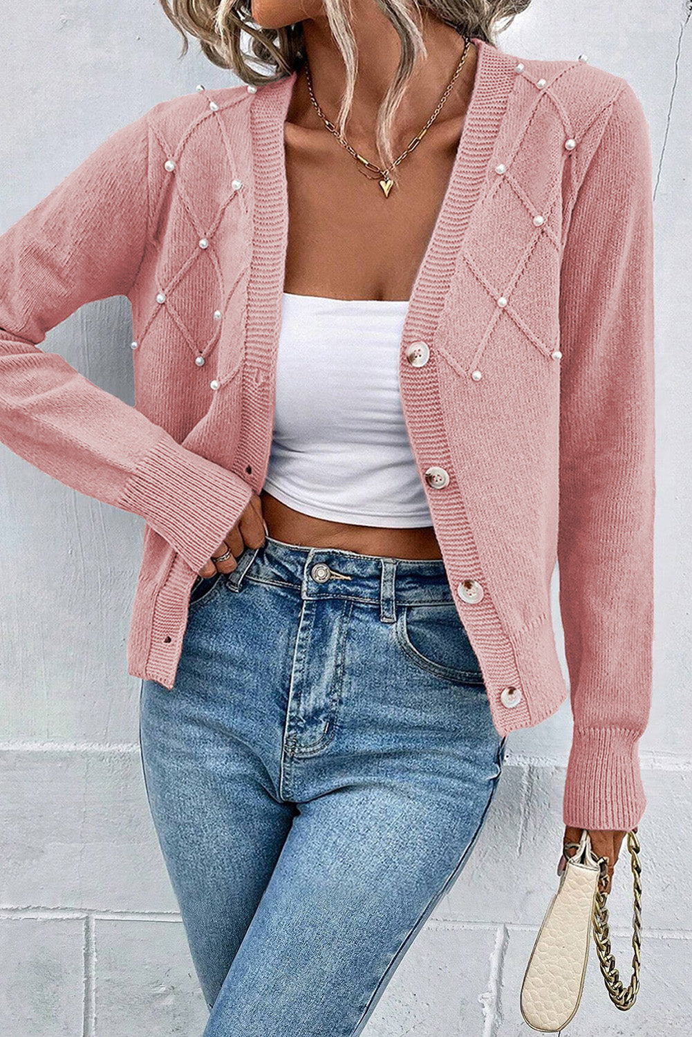 Cardigan boutonné en tricot texturé avec perles et perles sépia rose