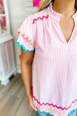 Ricrac striped pink blouse and split collar, striped, ruffle sleeves