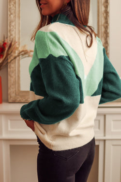 Green Geometric Color Block Knit V-Neck Button Up Sweater