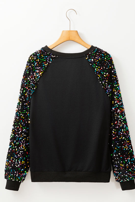 Black crew neck sweatshirt with raglan sleeves with sequins